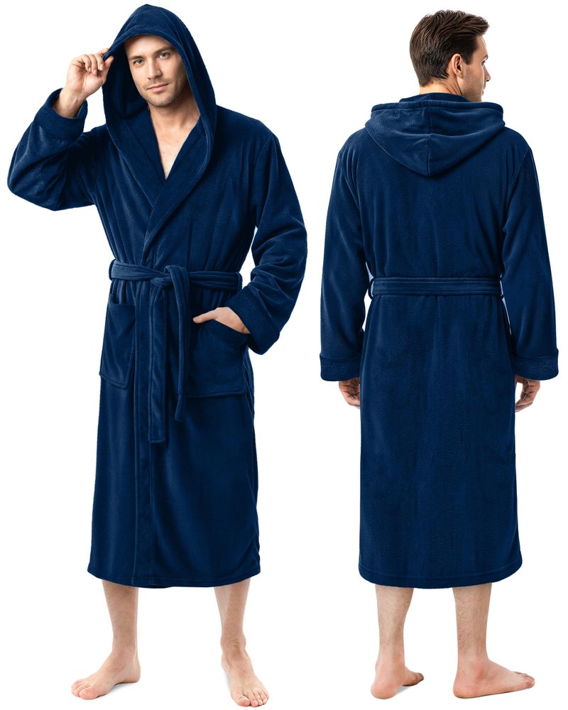 NY Threads Mens Robe with Hood, Luxury Plush Fleece Hooded Mens Bathrobe, Spa Bath Robe for Men, Small/Medium, Navy - Image 1
